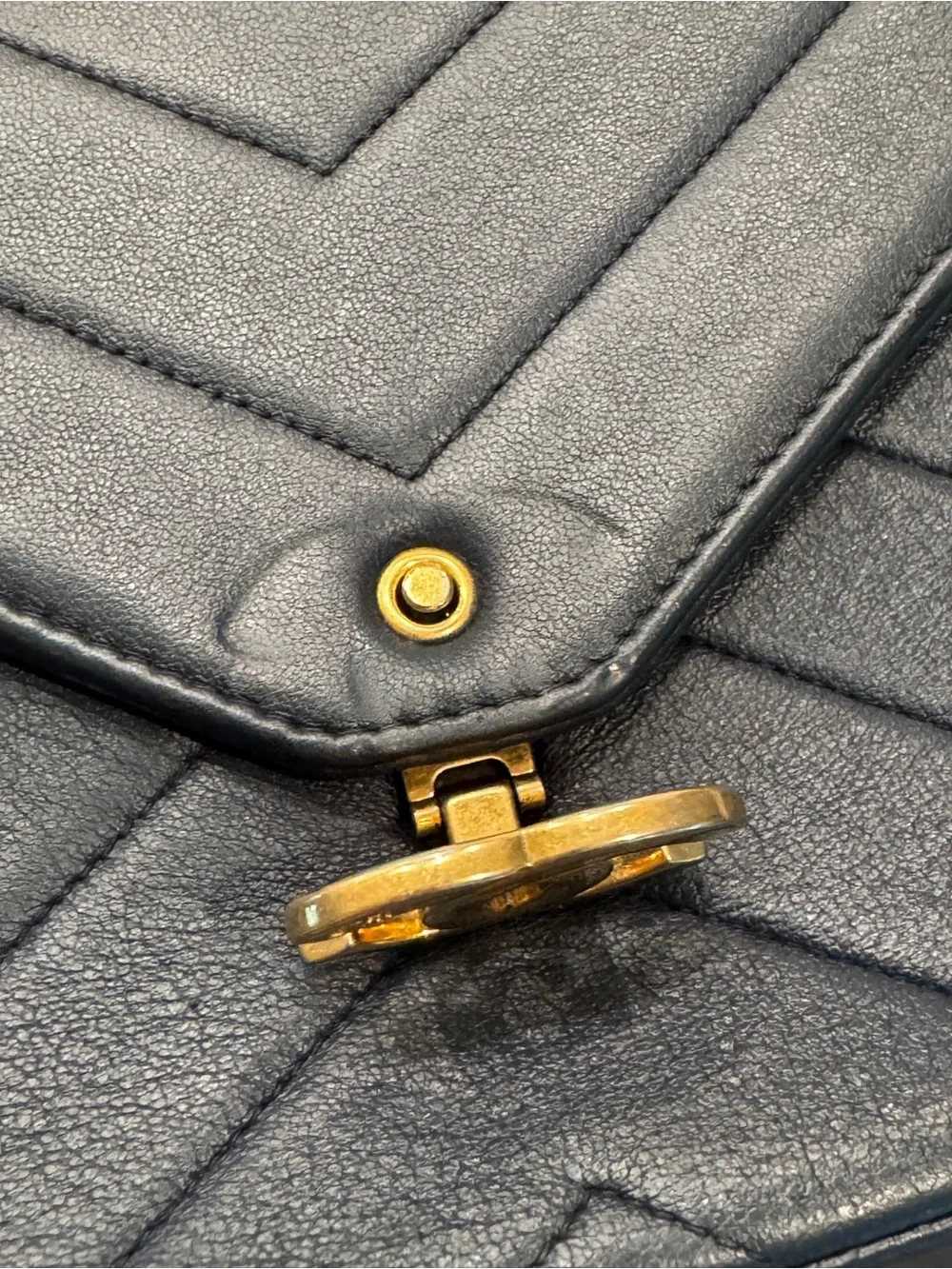 CHANEL Chevron Quilted Shoulder Bag - Dark Blue with Gold Hardware